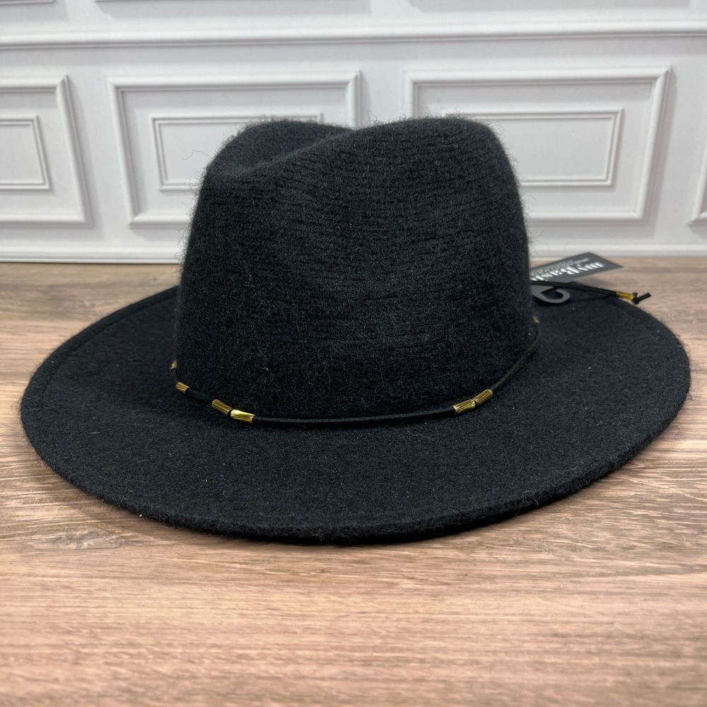 myBasic The Betsy Hat Black Wool Blend Wide Brim Gold Bead Fedora NEW